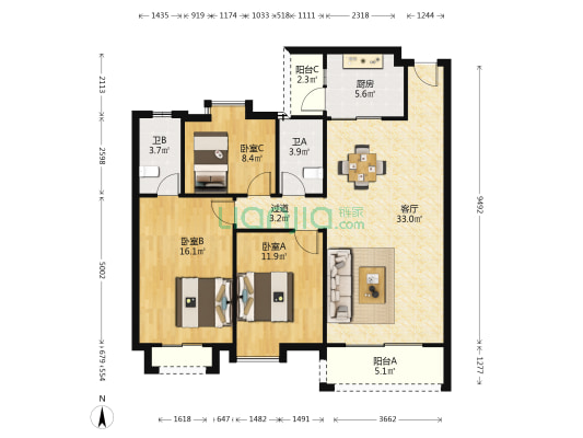 俊景花园和富家园 3室1厅2卫 106平方