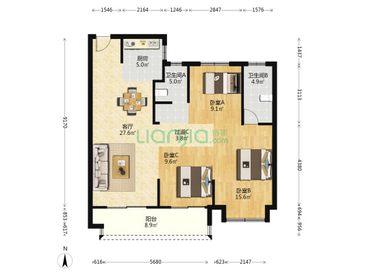 红星江月府 3室1厅2卫 112平方