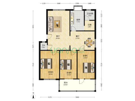 八中家属楼 3室2厅2卫 127平方