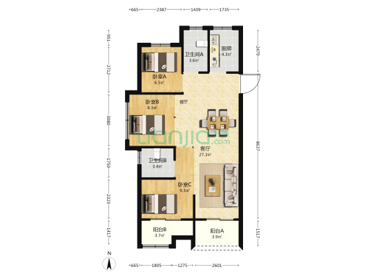 鸿翔宝龙北宸里 3室1厅2卫 90平方