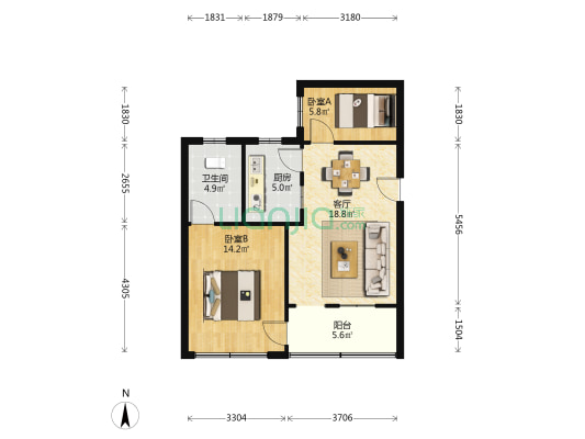 麦地花园 2室1厅1卫 68平方