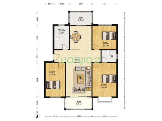 馨园小区 3室1厅2卫 127平方