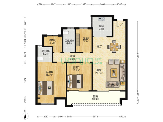 悦上湖 3室1厅2卫 124平方