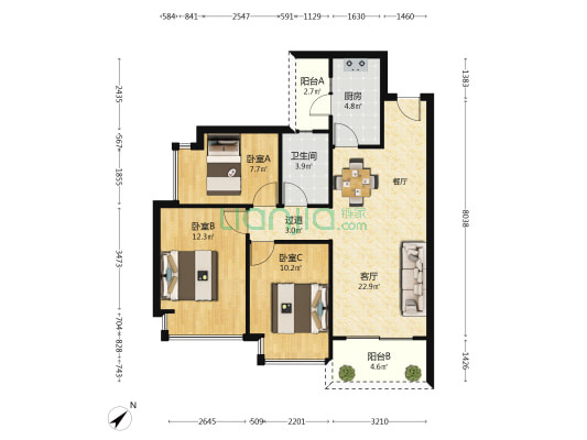 洪湾河畔（S6地块） 3室1厅1卫 87平方