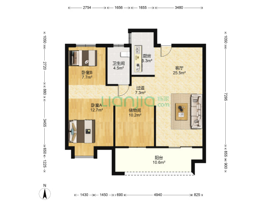 通达国宾府 2室1厅1卫 105平方