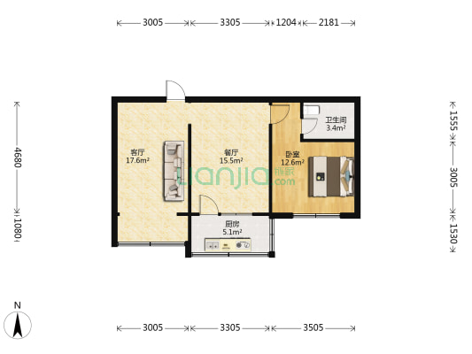 安美公寓 1室2厅1卫 58平方