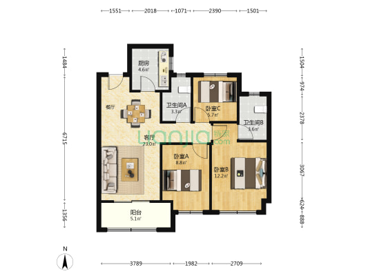 润禾府 3室1厅2卫 89平方