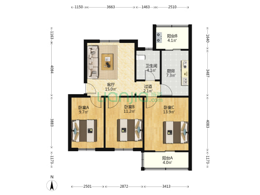 彩虹里 3室1厅1卫 90平方