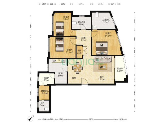 武汉天地一期A7 3室1厅3卫 148平方