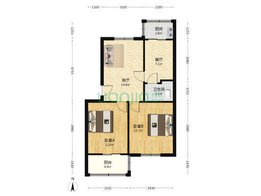 世纪嘉园 南北通透两居 集中供暖 好楼层 采光好-户型图