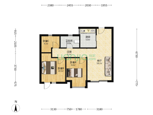 春和景庭 3室1厅1卫 87平方