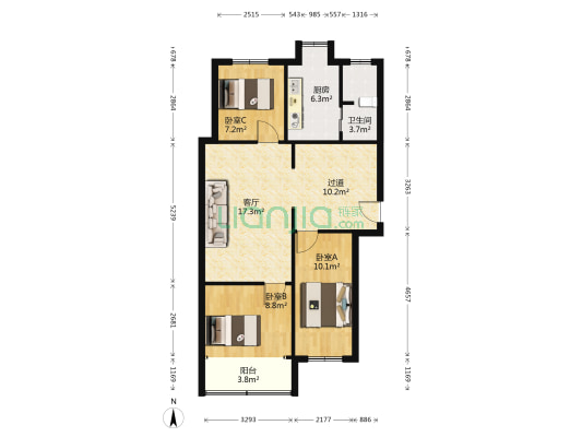 明德中学家属楼 3室1厅1卫 61平方