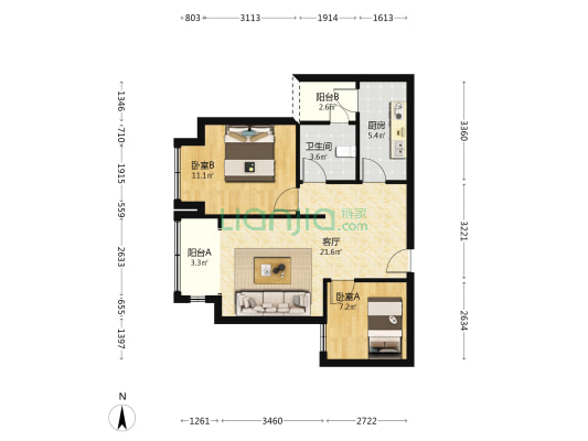 龙湖嘉天下观园 2室1厅1卫 72平方