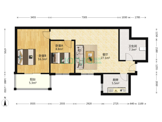 东方广场 2室1厅1卫 98平方