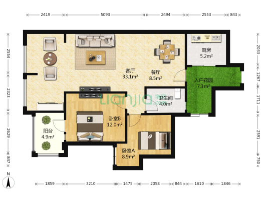 武海西城锦绣 2室2厅1卫 91平方