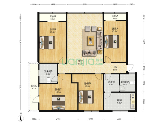 汽配厂小区 4室1厅3卫 168平方