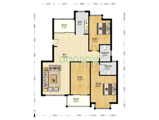 天泽园 3室1厅2卫 135平方