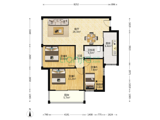 华鑫苑 3室1厅1卫 89平方