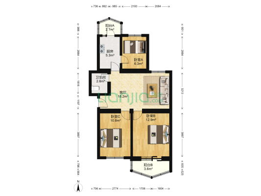 菊园 3室1厅1卫 81平方