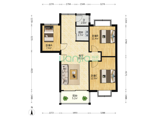 中山颐景花园二期 3室1厅1卫 83平方