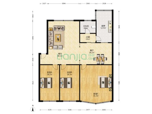 河南省直住宅小区 3室2厅1卫 148平方