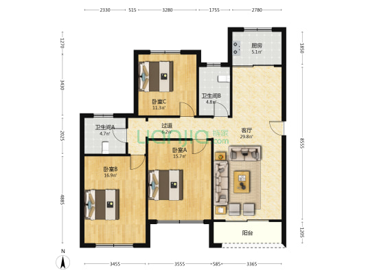 加宝花园 3室1厅2卫 118平方