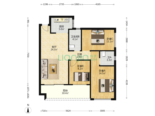 浩昌悦景湾 3室1厅2卫 85平方