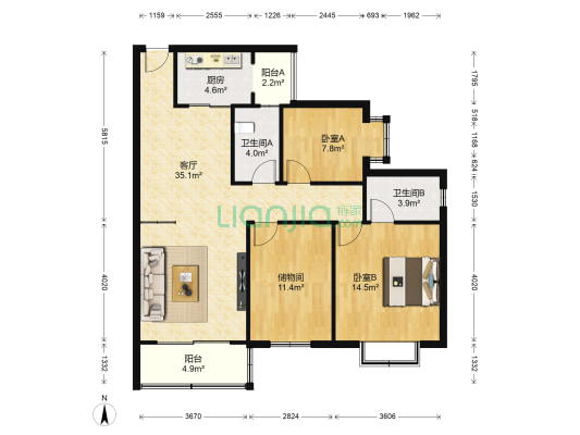 军干阳光公寓 2室1厅2卫 114平方