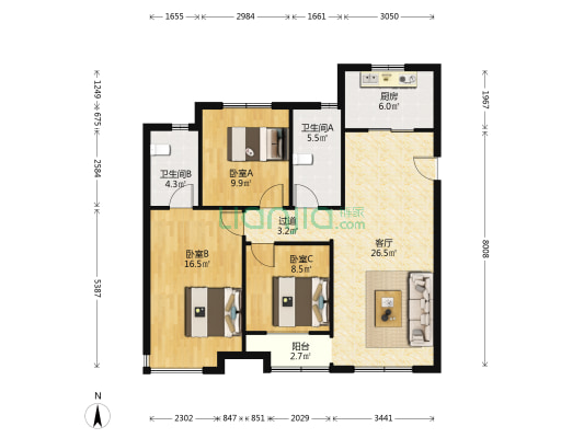 金茂悦东六区 3室1厅2卫 116平方