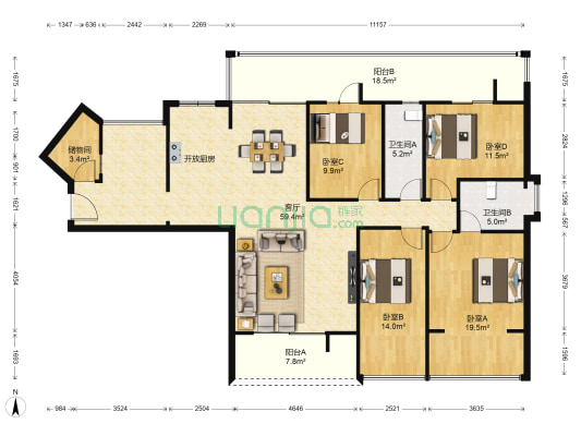 东方园博苑 4室1厅2卫 160平方
