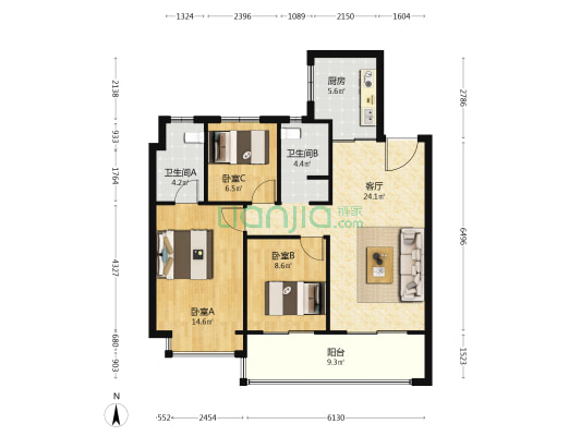 中铁龙湖宸阅府 3室1厅2卫 102平方