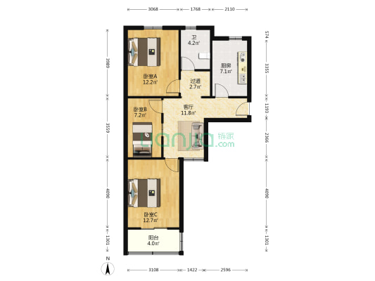 龙科公寓 3室1厅1卫 81平方