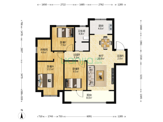 西上海名邸 3室1厅1卫 109平方