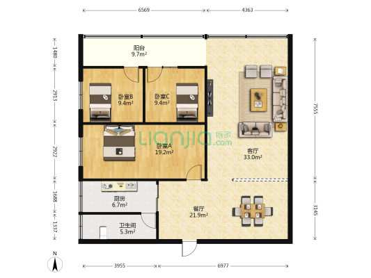 尖山路2号 3室2厅1卫 136平方