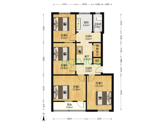 南新街55号 4室1厅1卫 87平方