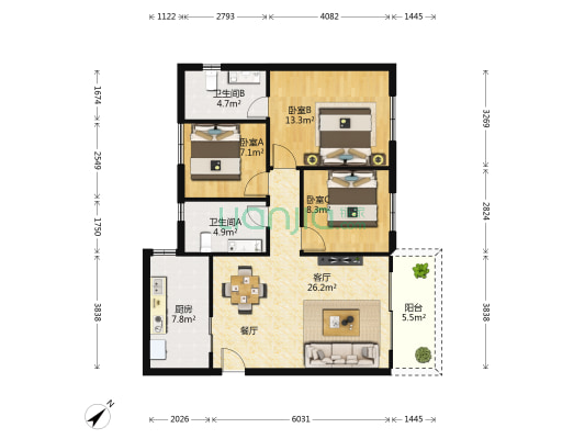 宝泰花园 3室1厅2卫 97平方