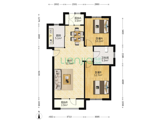 鹿山园 2室1厅1卫 93平方
