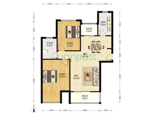 印象春城 2室2厅1卫 113平方