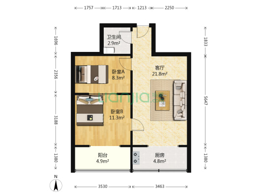 天河桐盛 2室1厅1卫 65平方
