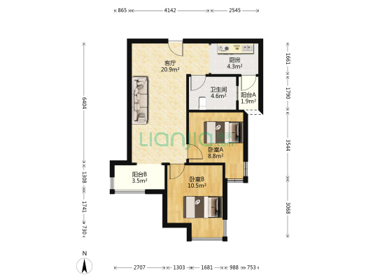 天伦湾馨园，纯南向两居，业主诚心出售-户型图