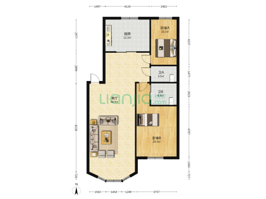 南八中路保工家苑 2室1厅2卫 132平方