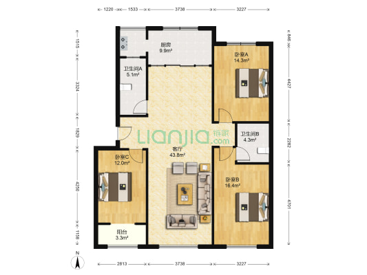 太平庄园 3室1厅2卫 132平方