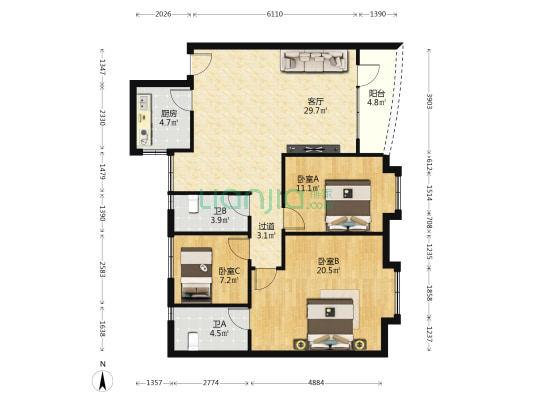 恒龙苑 3室1厅2卫 108平方