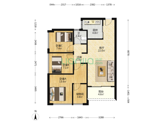 翠园华府 3室1厅1卫 93平方