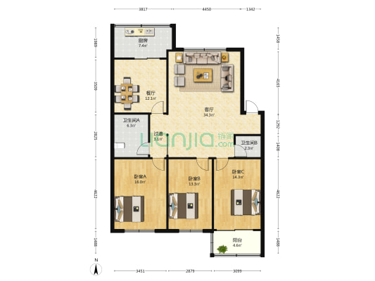 仁达花园 3室2厅2卫 135平方