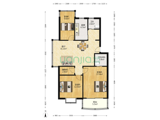 万龙新村 3室1厅2卫 114平方