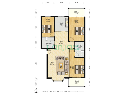 二康医院旁 绿茵小区正规三居 中间楼层 房本满-户型图