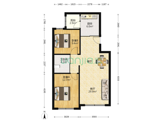 钜城臻品三号院 2室1厅1卫 92平方