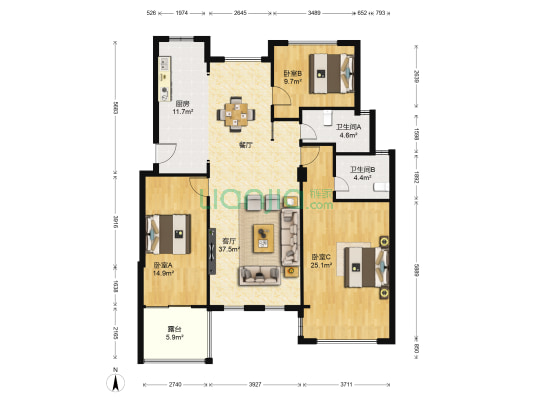 云大知城二期 3室1厅2卫 122平方