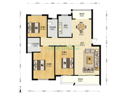 和家园 3室2厅2卫 129平方